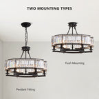 26" Modern 6-Light Farmhouse Crystal Drum Matte Black Wagon Wheel Chandelier Ceiling Semi Flush Mount