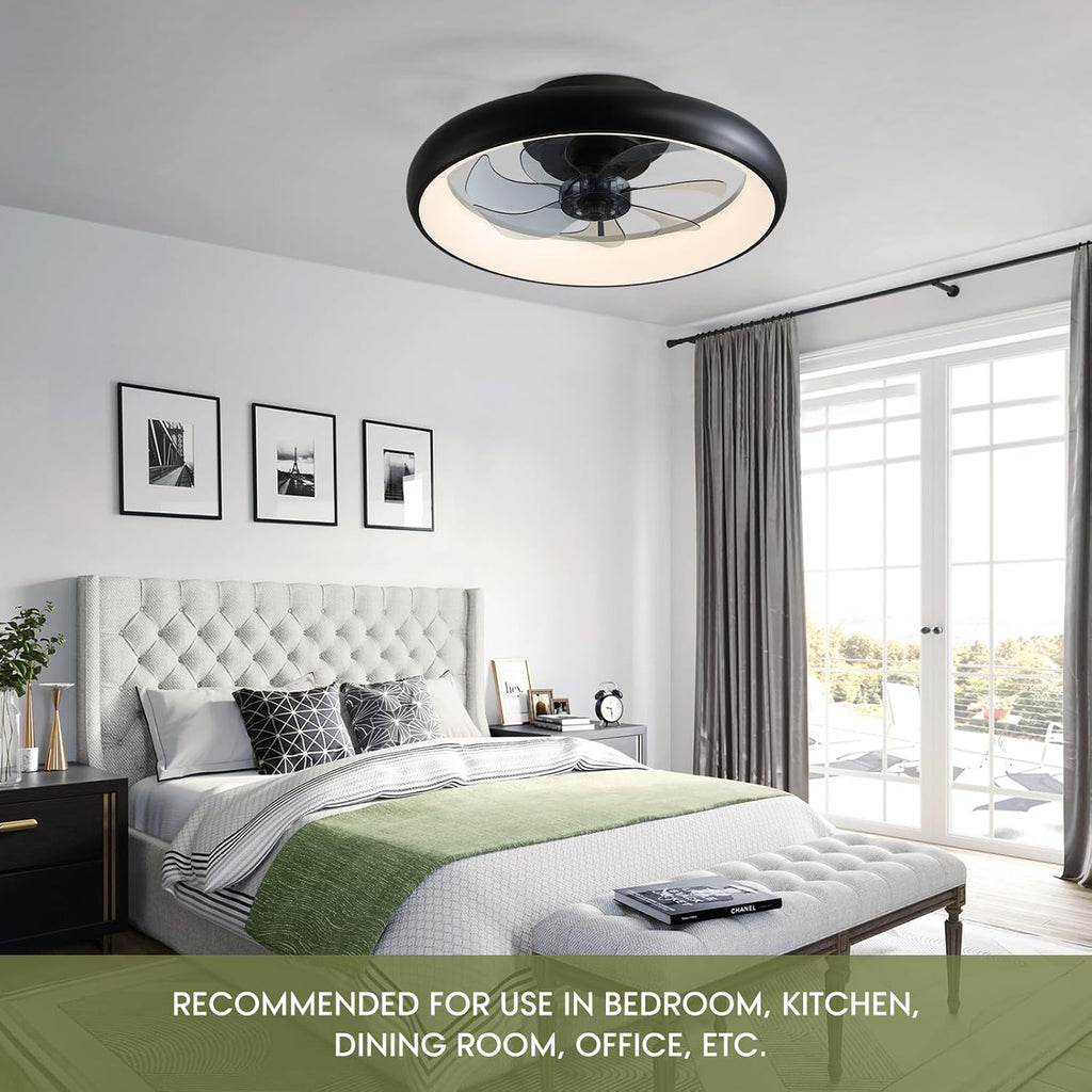 Ventilador de techo moderno de 20" de perfil bajo, color negro, para interiores, con luces, rotación reversible y control remoto