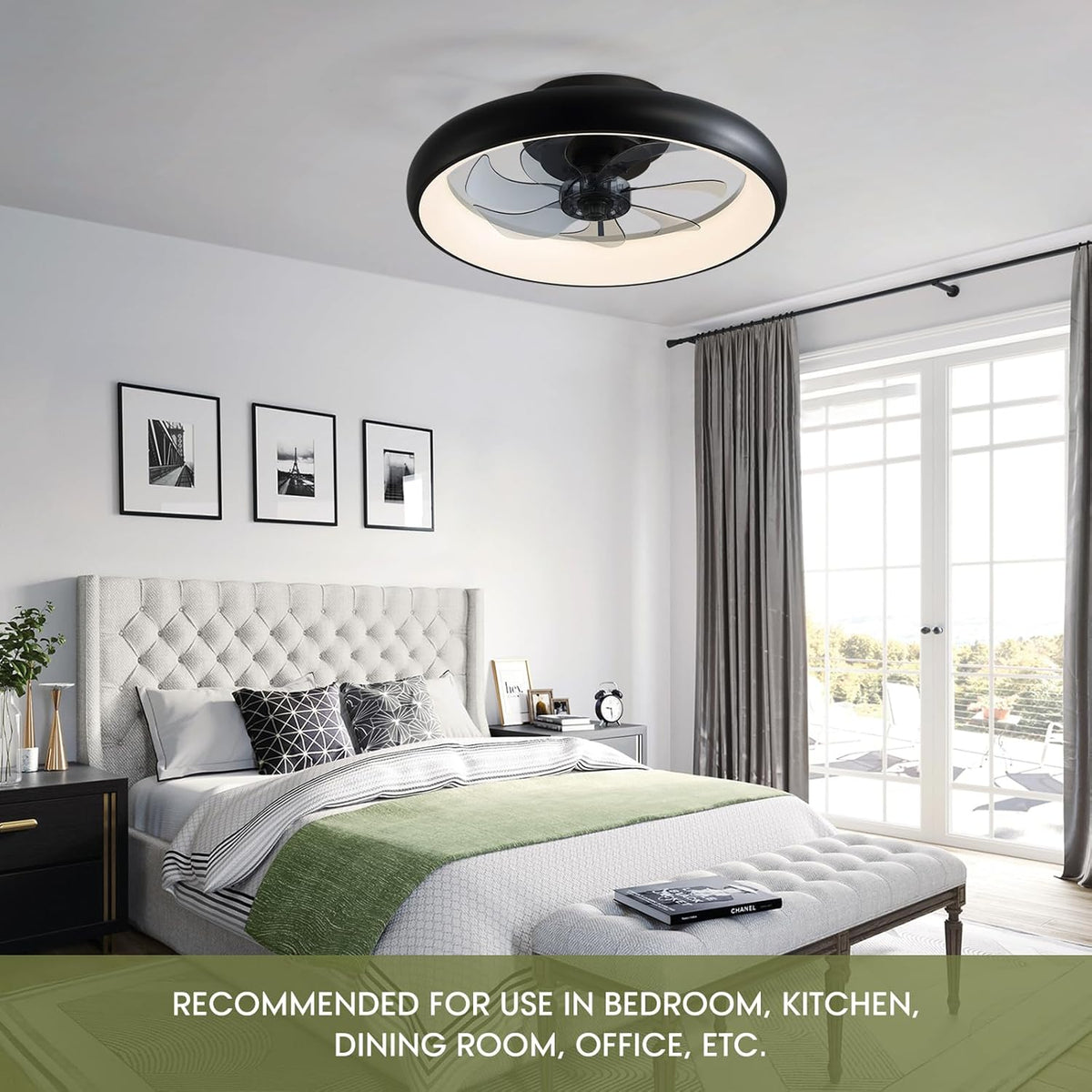 Ventilador de techo moderno de 20" de perfil bajo, color negro, para interiores, con luces, rotación reversible y control remoto