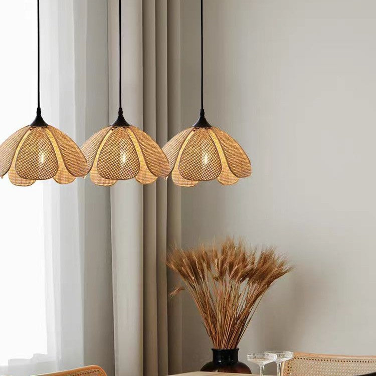 Bohemian Rattan Flower Pendant Light - Woven Petal-Shaped Hanging Lamp for Kitchen & Bedroom