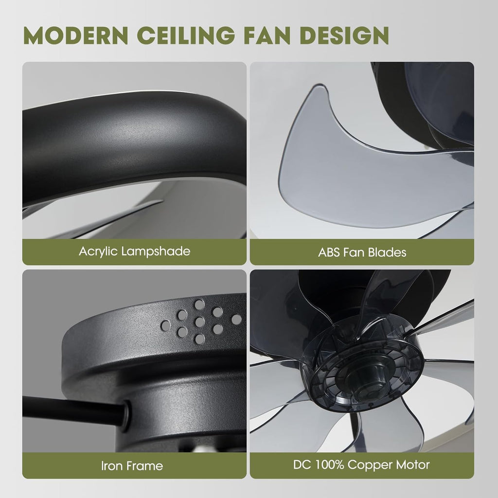 Ventilador de techo moderno de 20" de perfil bajo, color negro, para interiores, con luces, rotación reversible y control remoto
