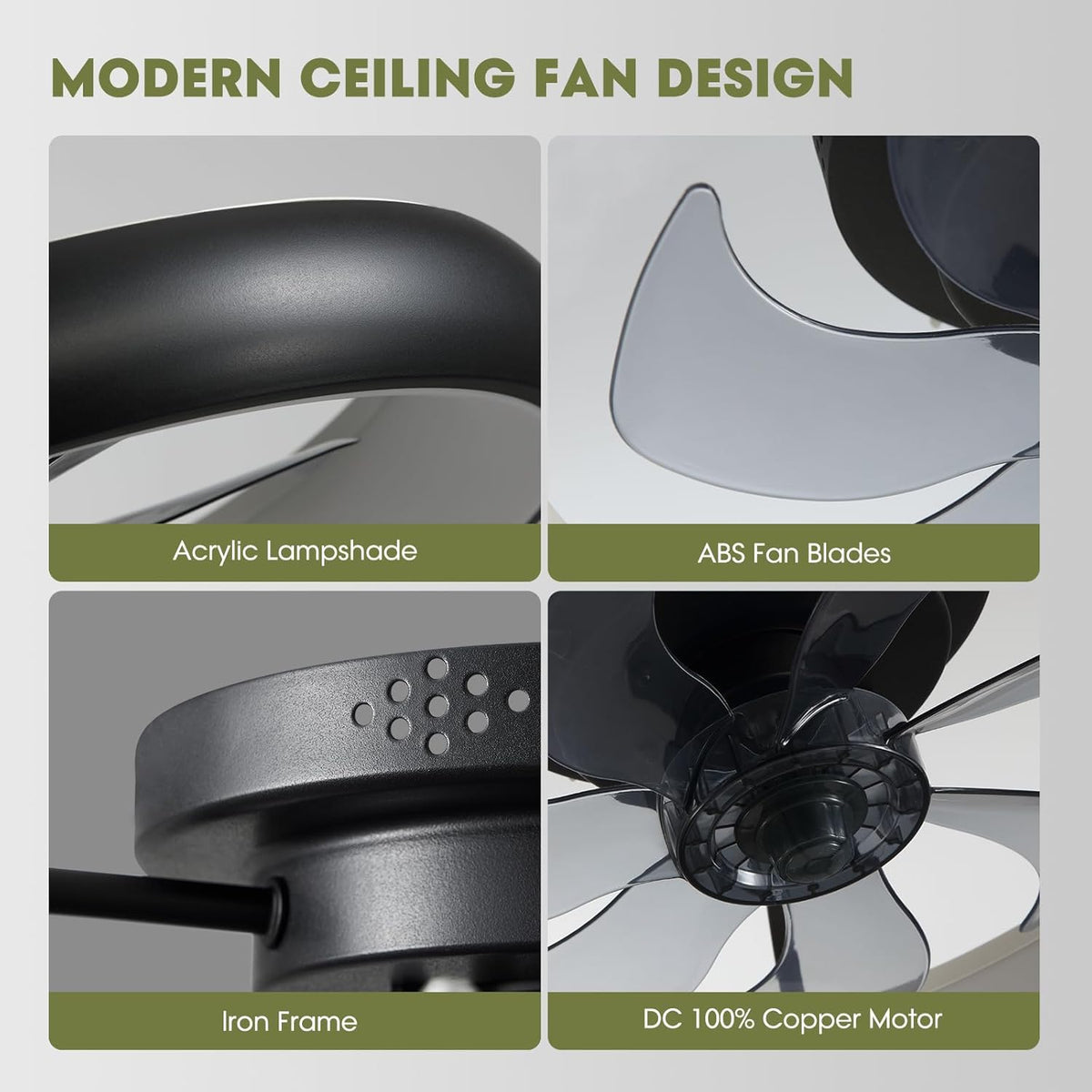 Ventilador de techo moderno de 20" de perfil bajo, color negro, para interiores, con luces, rotación reversible y control remoto