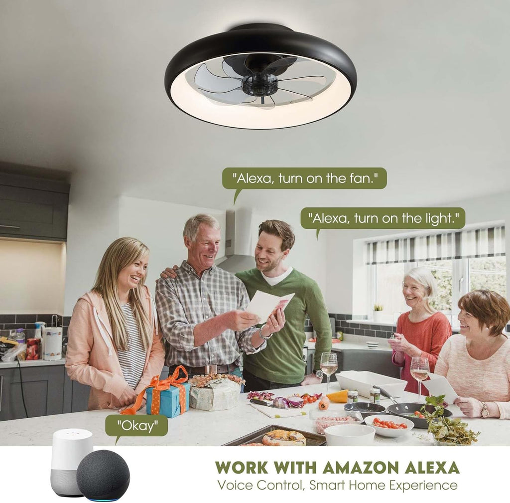Ventilador de techo moderno de 20" de perfil bajo, color negro, para interiores, con luces, rotación reversible y control remoto