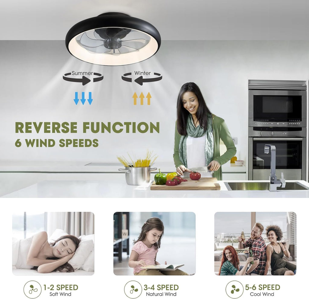 Ventilador de techo moderno de 20" de perfil bajo, color negro, para interiores, con luces, rotación reversible y control remoto