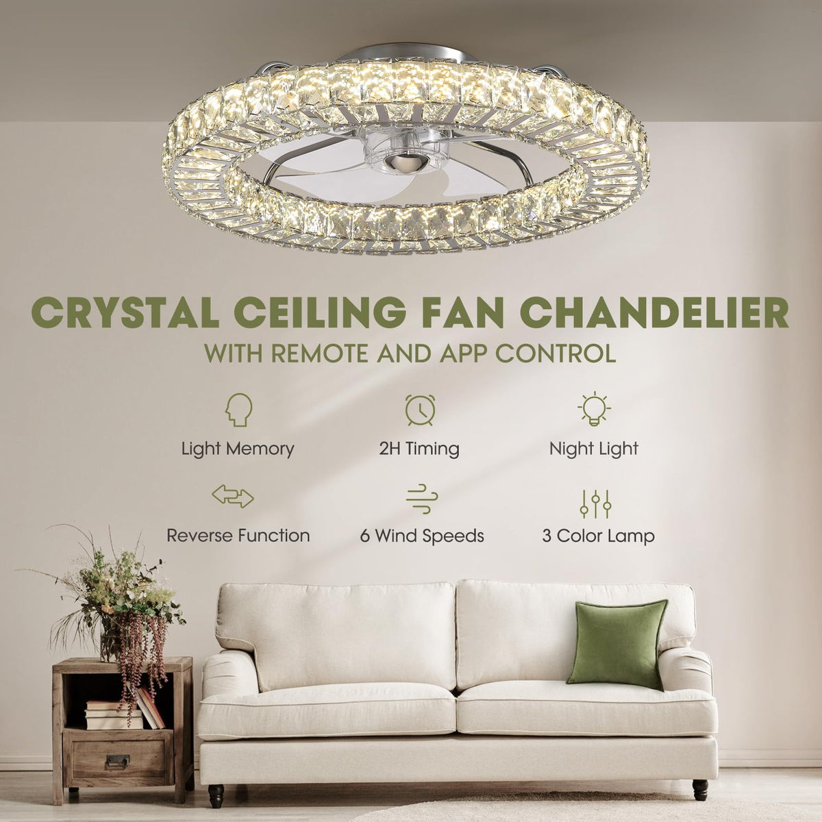 22 in. LED Smart Indoor Chrome Flush Mount Fandelier Low Profile Ceiling Fan with 3 Color Change and Remote Control
