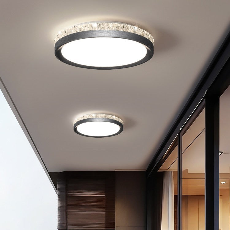 Modern Crystal Ring LED Ceiling Light - Brushed Black Flush Mount, Waterproof for Bathroom & Living Room