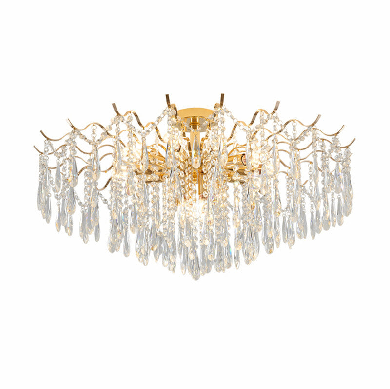Luxury Gold Wave Frame Crystal Chandelier - Flush Mount Ceiling Light for Living Room & Dining Room