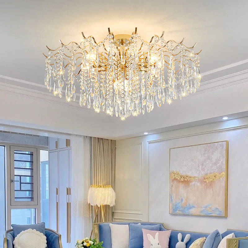 Luxury Gold Wave Frame Crystal Chandelier - Flush Mount Ceiling Light for Living Room & Dining Room