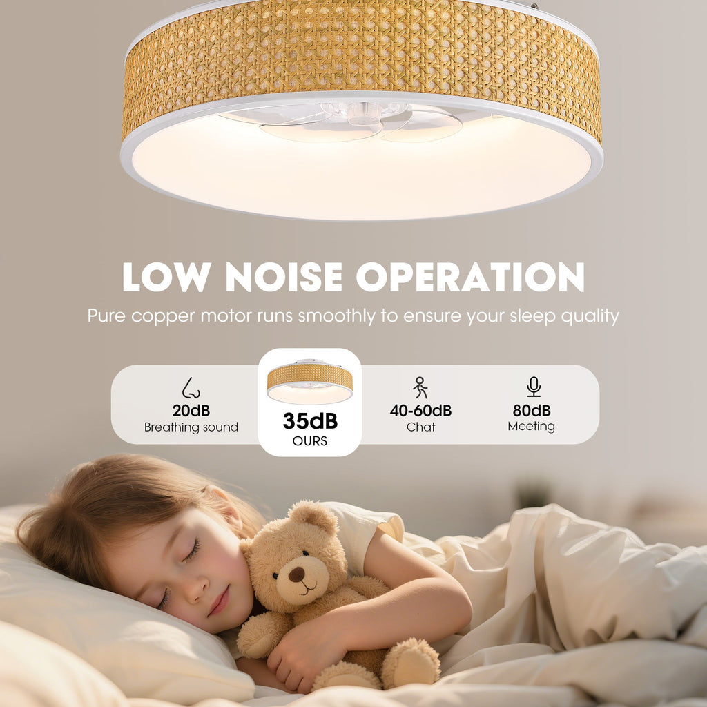 Ventilador de techo empotrado de ratán blanco estándar inteligente Boho de 20 pulgadas para interior con luz y control remoto, de perfil bajo