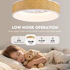 Ventilador de techo empotrado de ratán blanco estándar inteligente Boho de 20 pulgadas para interior con luz y control remoto, de perfil bajo