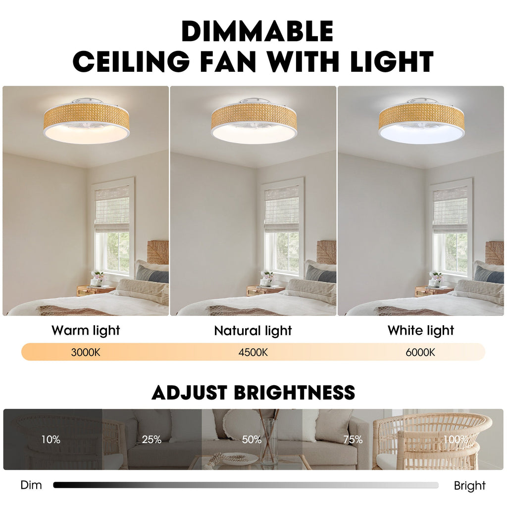 Ventilador de techo empotrado de ratán blanco estándar inteligente Boho de 20 pulgadas para interior con luz y control remoto, de perfil bajo