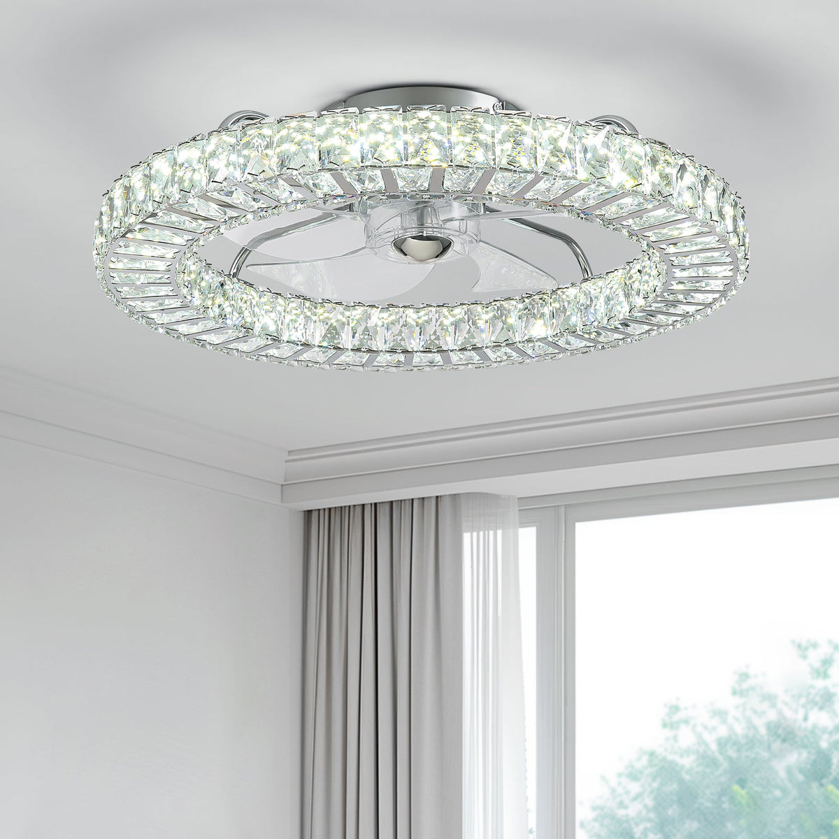 22" Chrome Indoor Crystal Ceiling Fan with LED Lights and Remote Flush Mount Ceiling Fan