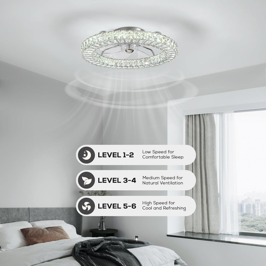 22" Chrome Indoor Crystal Ceiling Fan with LED Lights and Remote Flush Mount Ceiling Fan