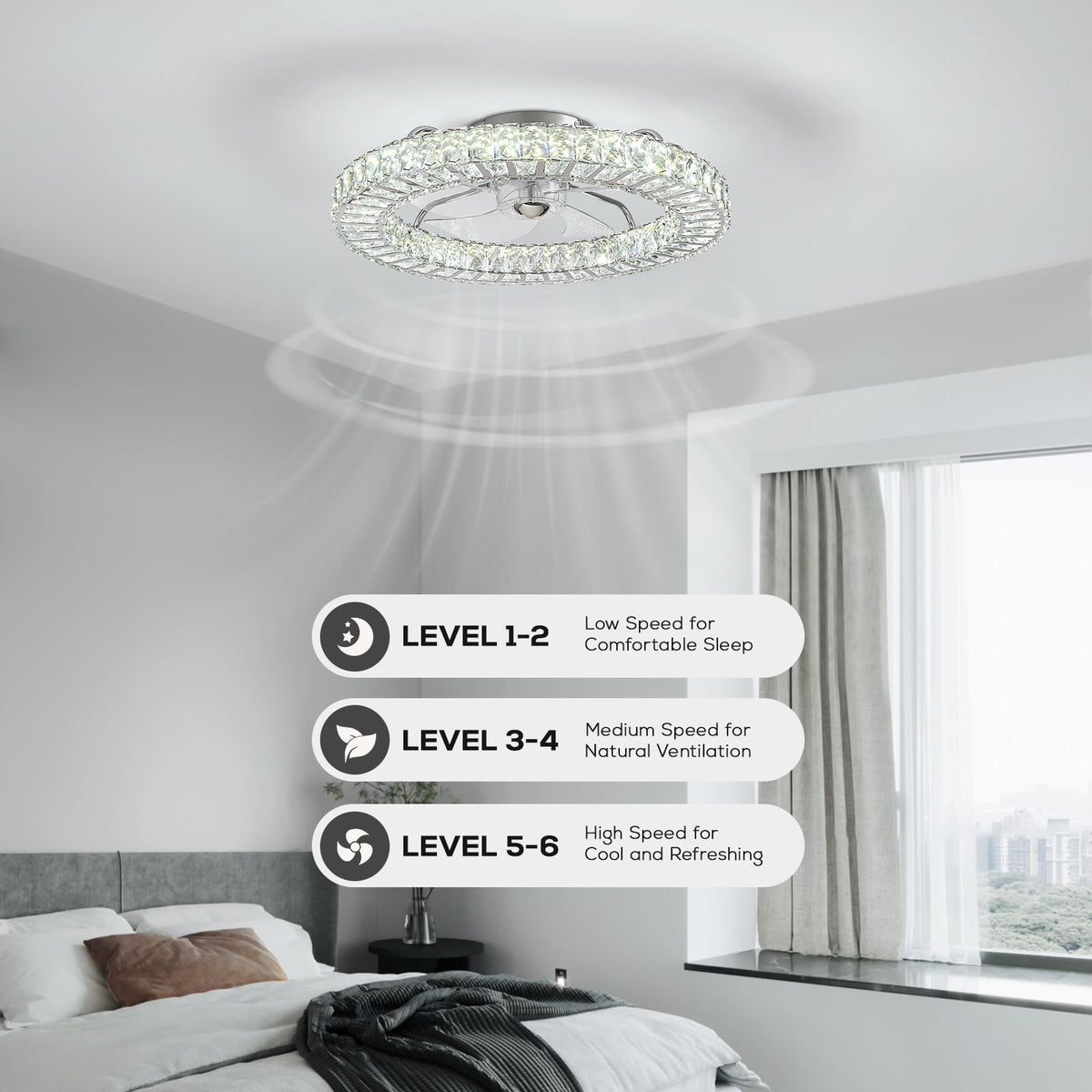 22" Chrome Indoor Crystal Ceiling Fan with LED Lights and Remote Flush Mount Ceiling Fan