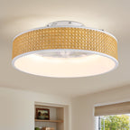 Ventilador de techo empotrado de ratán blanco estándar inteligente Boho de 20 pulgadas para interior con luz y control remoto, de perfil bajo