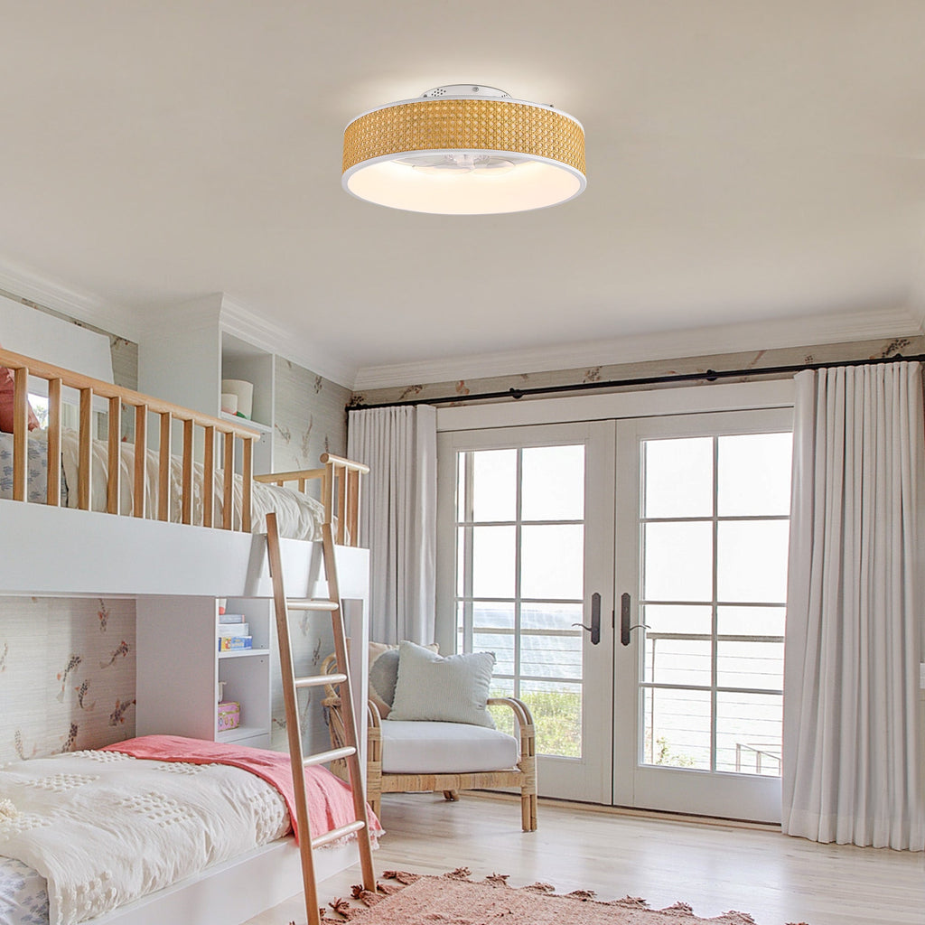 Ventilador de techo empotrado de ratán blanco estándar inteligente Boho de 20 pulgadas para interior con luz y control remoto, de perfil bajo