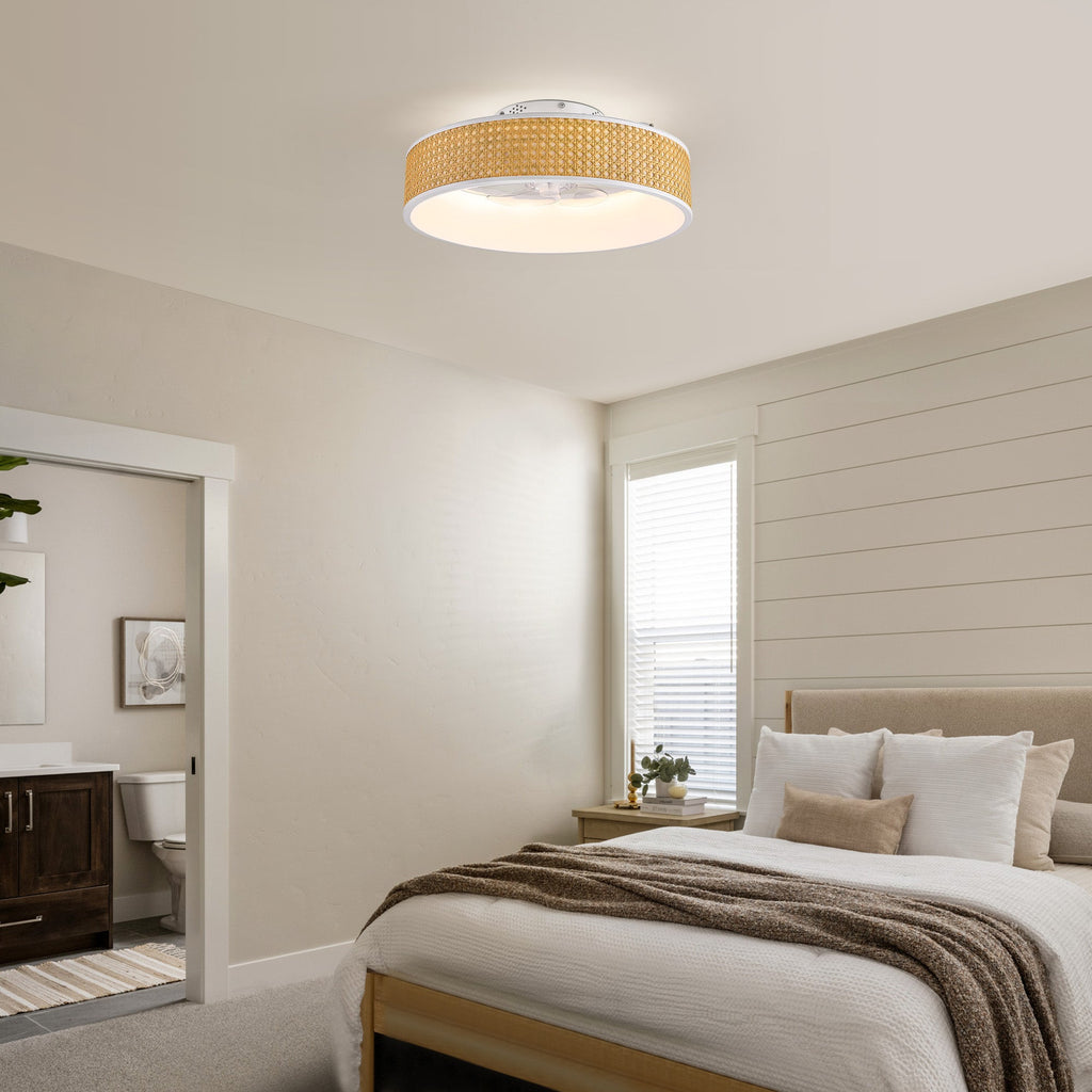 Ventilador de techo empotrado de ratán blanco estándar inteligente Boho de 20 pulgadas para interior con luz y control remoto, de perfil bajo