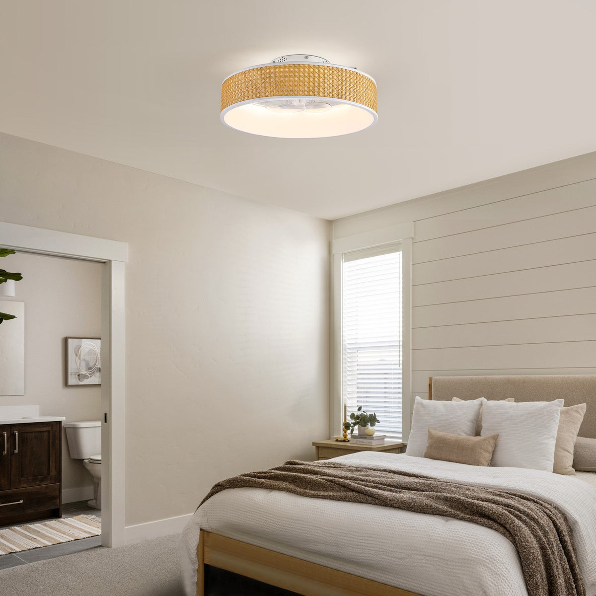 Ventilador de techo empotrado de ratán blanco estándar inteligente Boho de 20 pulgadas para interior con luz y control remoto, de perfil bajo