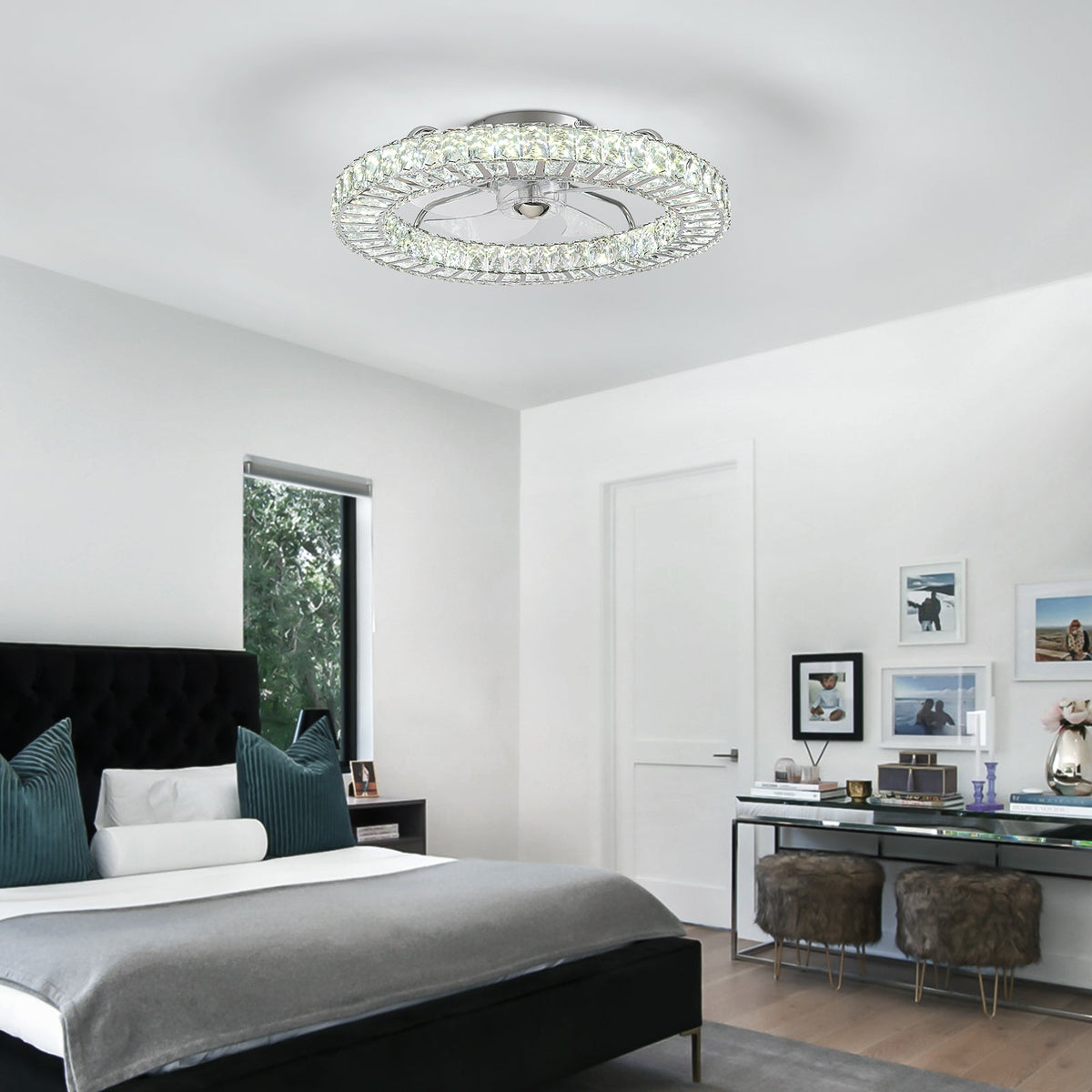 22" Chrome Indoor Crystal Ceiling Fan with LED Lights and Remote Flush Mount Ceiling Fan