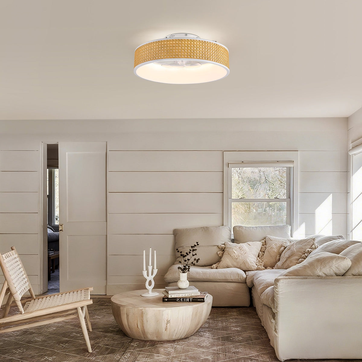 Ventilador de techo empotrado de ratán blanco estándar inteligente Boho de 20 pulgadas para interior con luz y control remoto, de perfil bajo