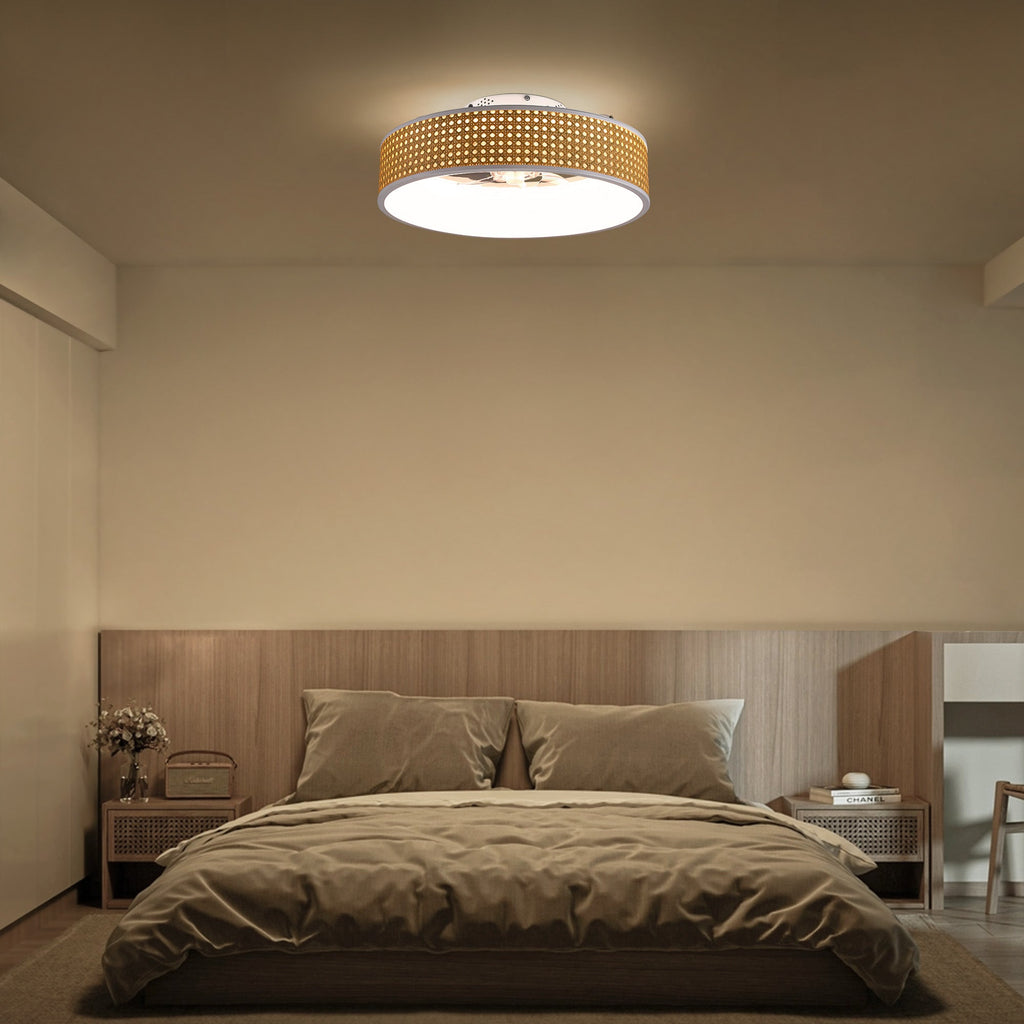 Ventilador de techo empotrado de ratán blanco estándar inteligente Boho de 20 pulgadas para interior con luz y control remoto, de perfil bajo
