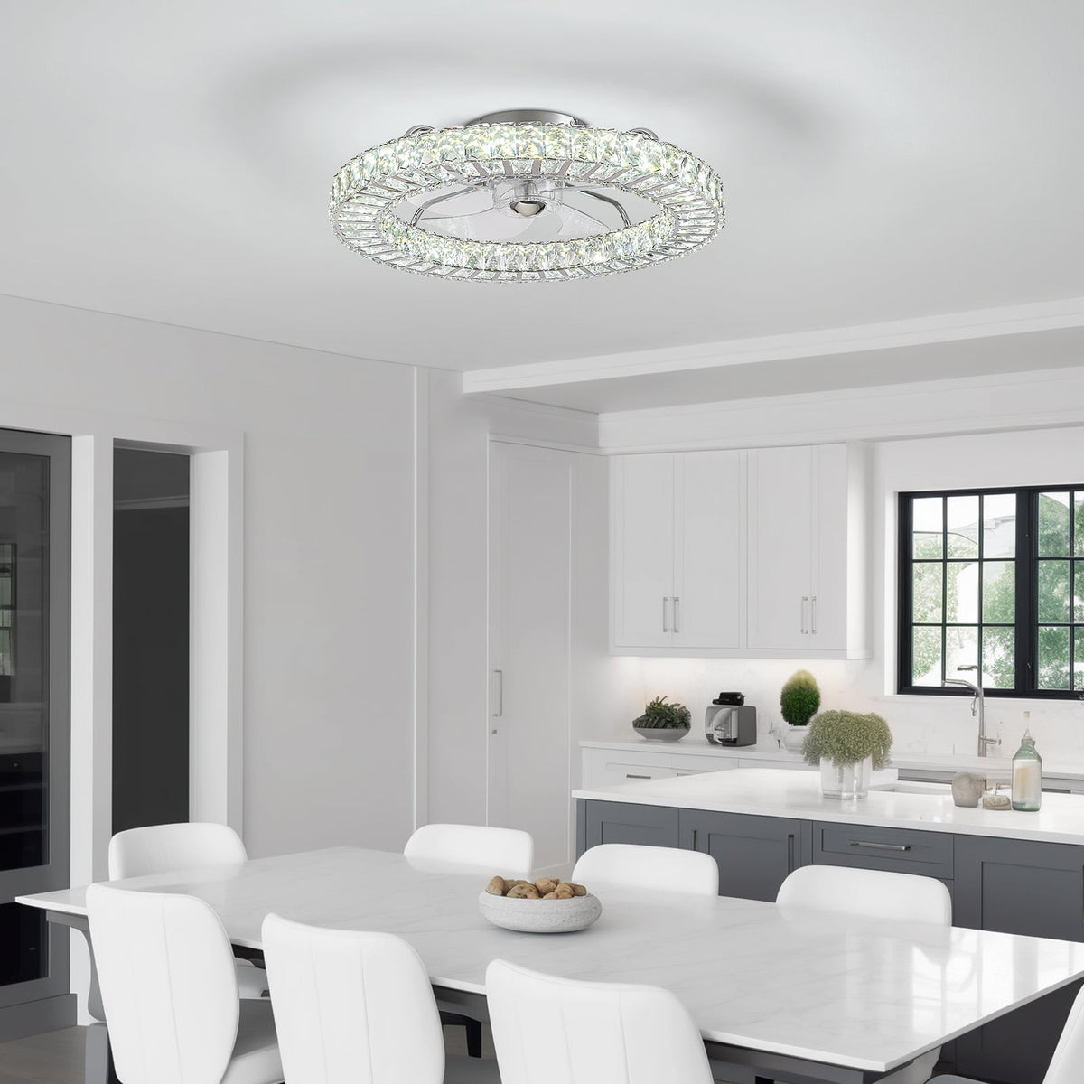 22" Chrome Indoor Crystal Ceiling Fan with LED Lights and Remote Flush Mount Ceiling Fan