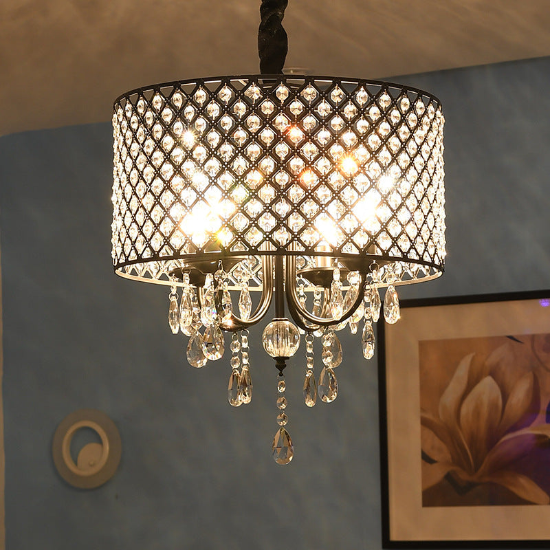 Vintage Black Drum Crystal Chandelier - 3-Light Pendant with Twisted Stem for Bedroom & Dining Room