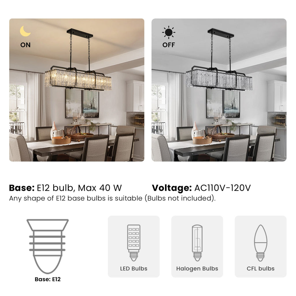 6-Light Modern Dimmable Black Rectangle Crystal Chandelier for Dining Room