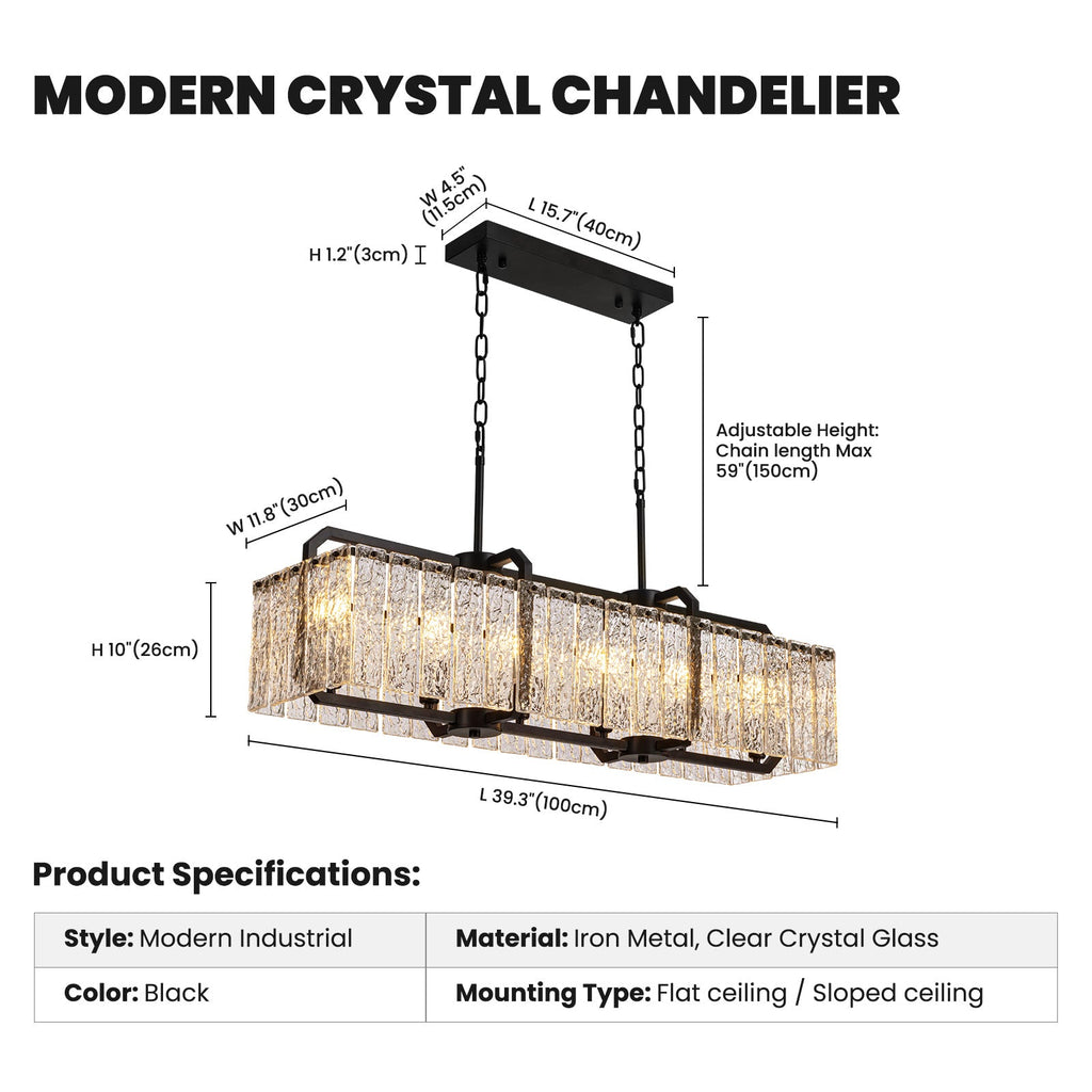 6-Light Modern Dimmable Black Rectangle Crystal Chandelier for Dining Room