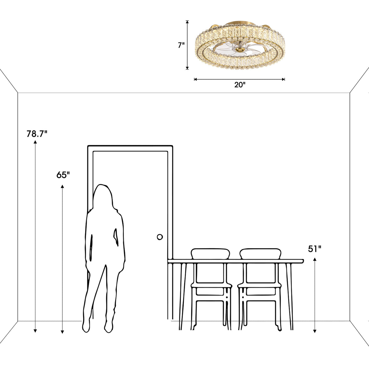 Ventilador de techo de perfil bajo de cristal dorado de 20" para interiores con LED integrado de color blanco brillante y control remoto incluido
