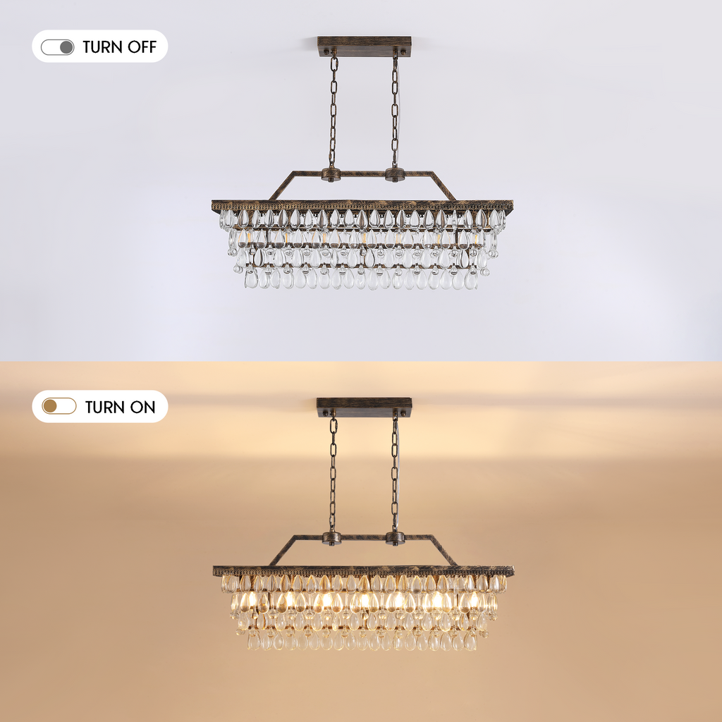 Lámpara de araña de cristal rectangular escalonada rústica vintage regulable de 7 luces con acabado en bronce antiguo