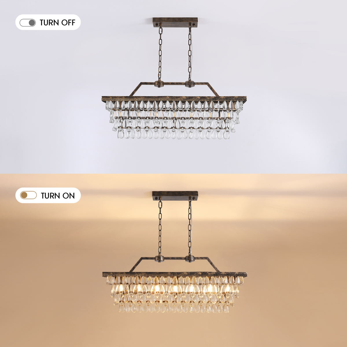 Lámpara de araña de cristal rectangular escalonada rústica vintage regulable de 7 luces con acabado en bronce antiguo