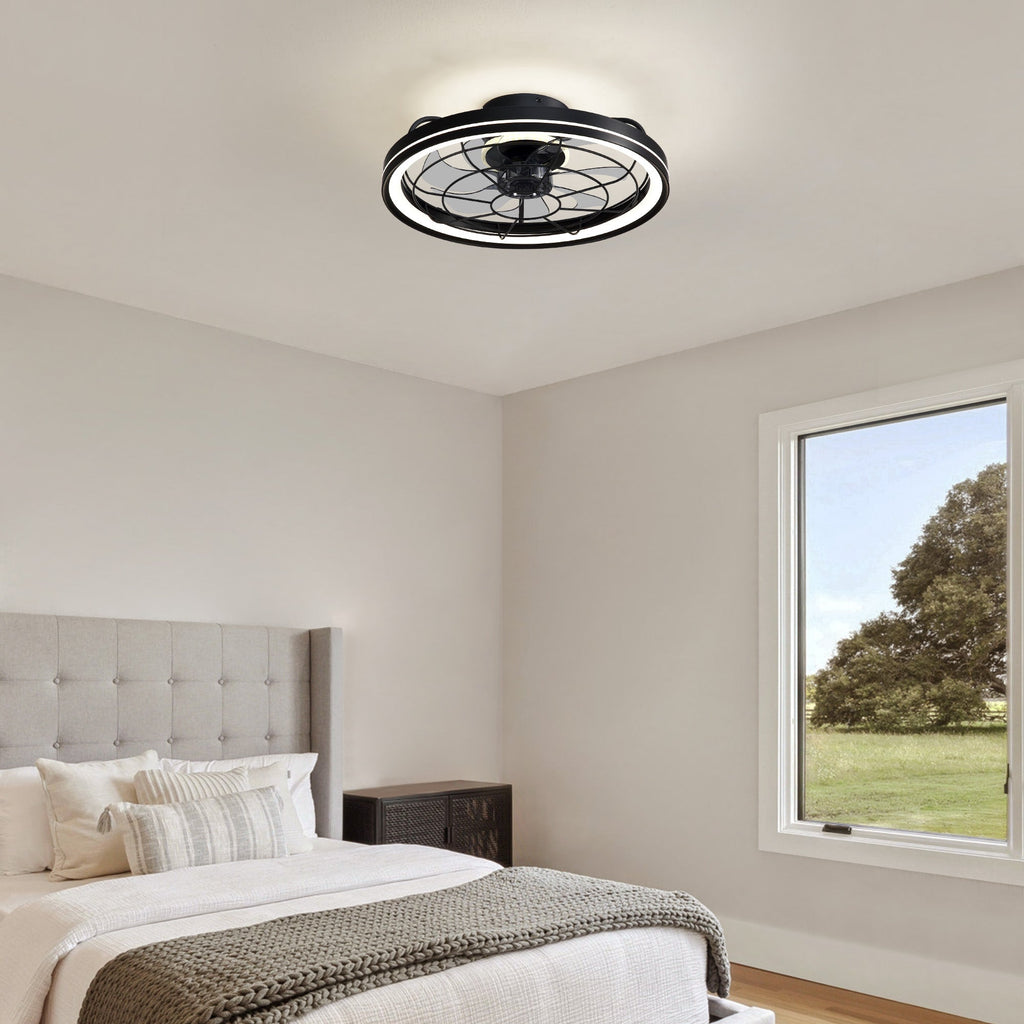 19" Indoor Black Caged Ceiling Fan with Integrated LED Light Modern Farmhouse Flush Mount Ceiling Fan