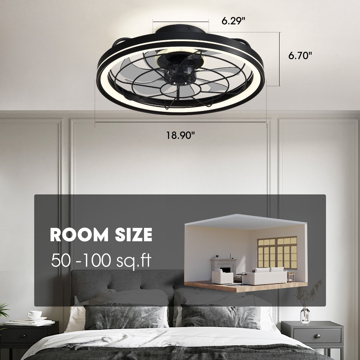 19" Indoor Black Caged Ceiling Fan with Integrated LED Light Modern Farmhouse Flush Mount Ceiling Fan