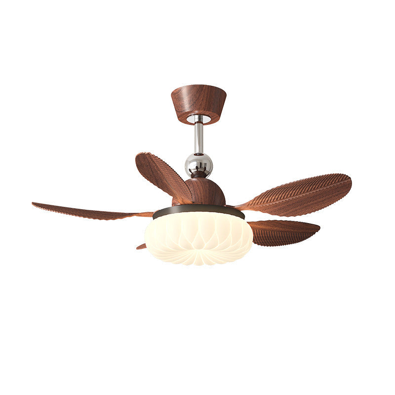 Walnut Wood Leaf Blades Ceiling Fan with Light – Mid-Century Modern Flush Mount Fan Light for Bedroom & Dining Room