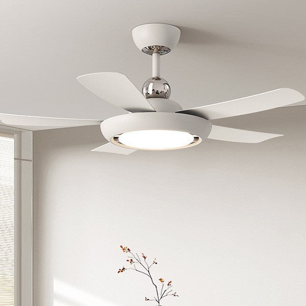 Modern White 5-Blade Ceiling Fan with Light - Minimalist Dimmable LED Fan Light with Chrome Accents