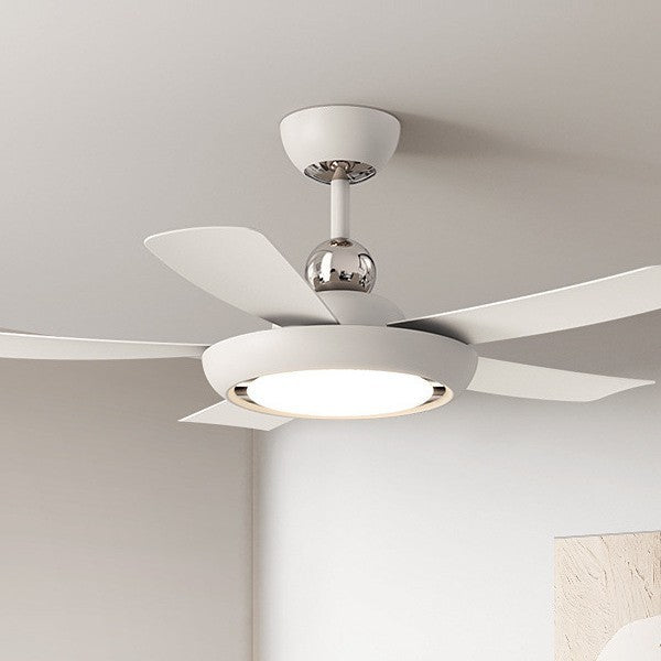 Modern White 5-Blade Ceiling Fan with Light - Minimalist Dimmable LED Fan Light with Chrome Accents
