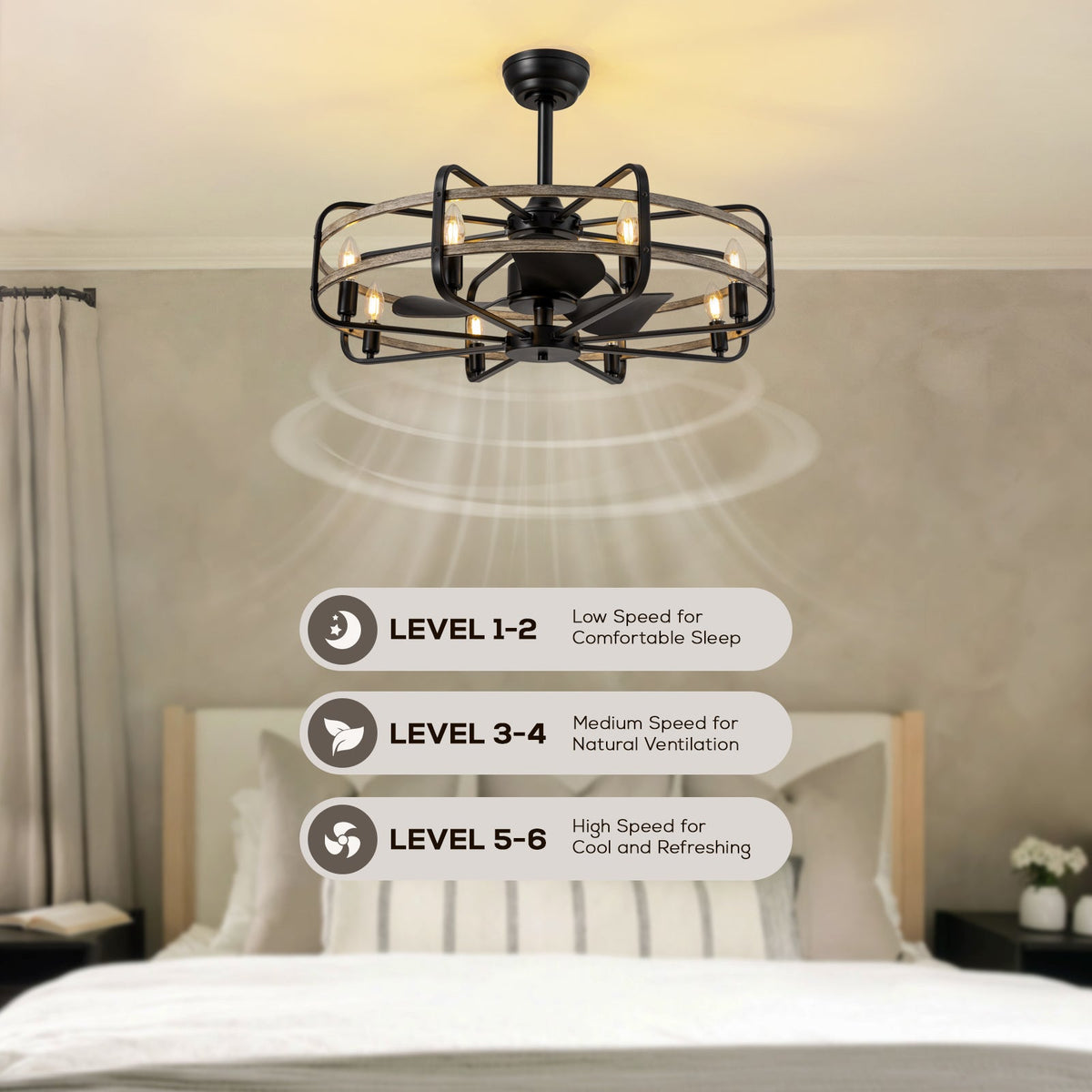 30 in. Indoor Farmhouse Black Caged Chandelier Ceiling Fan with Remote Included with No Bulb Included for Dining Room