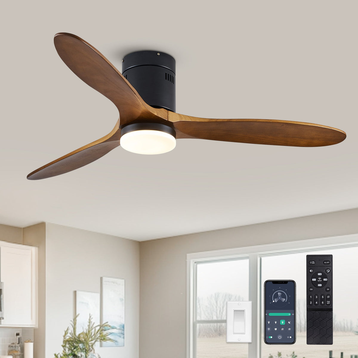 52" 3-Blade Flush Mount Ceiling Fan with Light Kit, Remote Control, and Quiet DC Motor for Bedroom