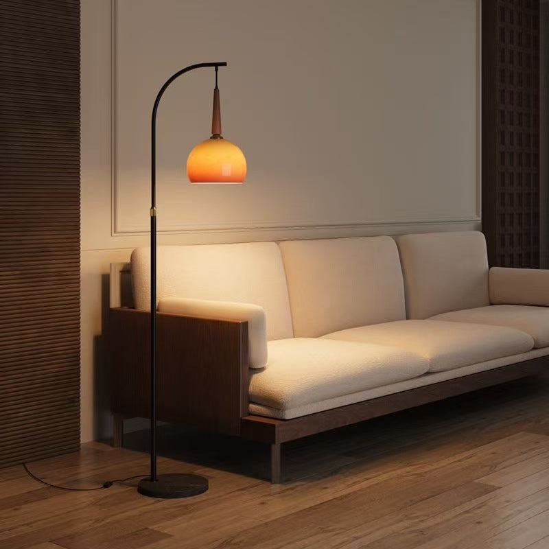 Retro Mid-Century Floor Lamp with Warm Amber Glass Dome Shade