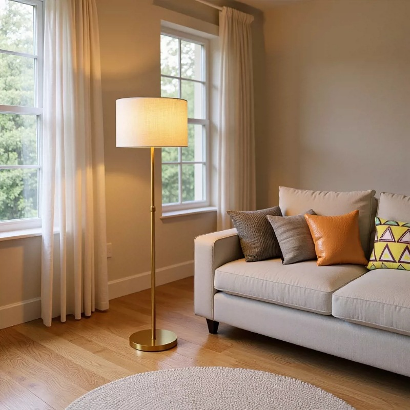 Minimalist Gold Floor Lamp with Soft Linen Shade - Elegant Accent Light for Contemporary Homes