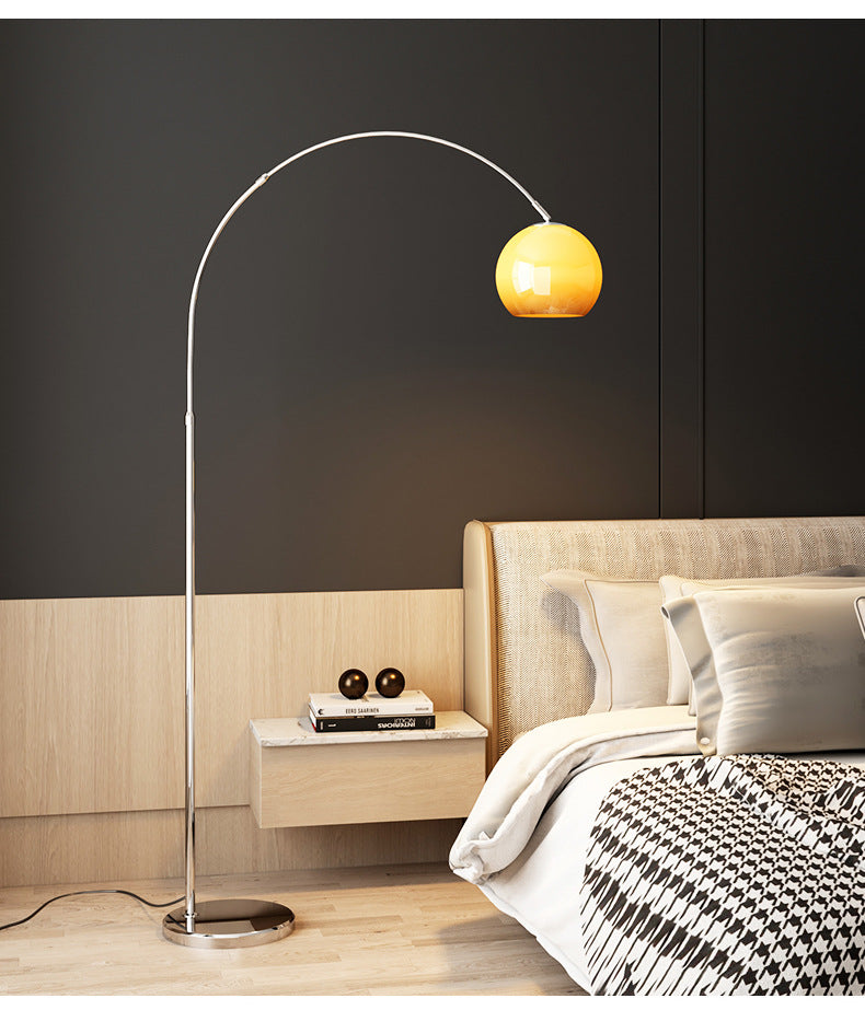 Mid-Century Modern Arc Floor Lamp with Warm Amber Glass Shade - Chrome Finish