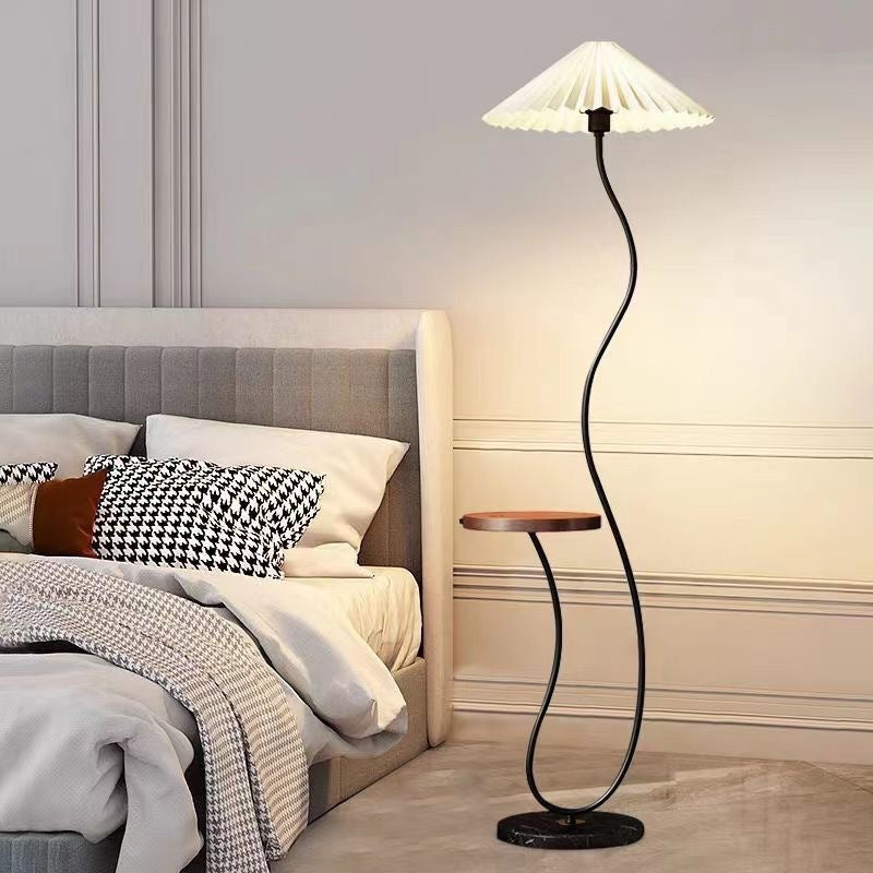 Wave-Shaped Floor Lamp with Side Table | Modern Standing Lamp with Pleated Shade for Bedroom & Living Room