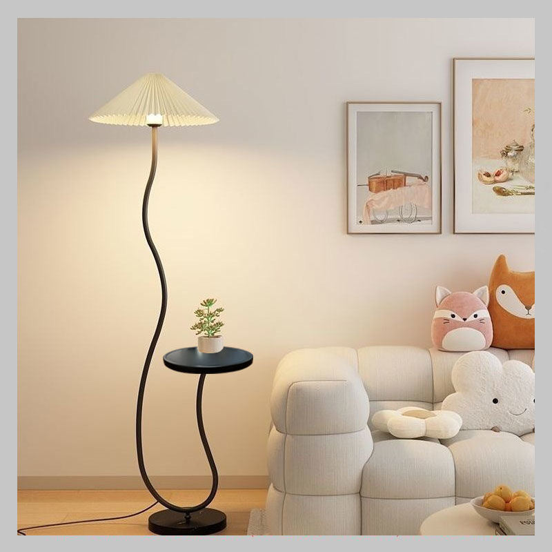 Wave-Shaped Floor Lamp with Side Table | Modern Standing Lamp with Pleated Shade for Bedroom & Living Room