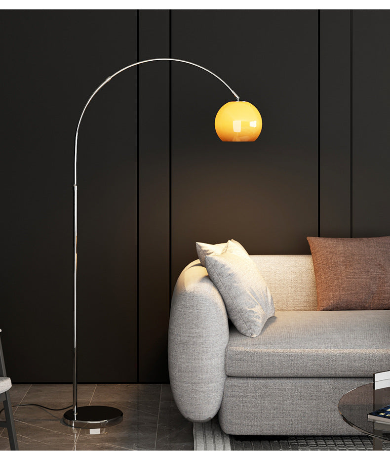 Mid-Century Modern Arc Floor Lamp with Warm Amber Glass Shade - Chrome Finish
