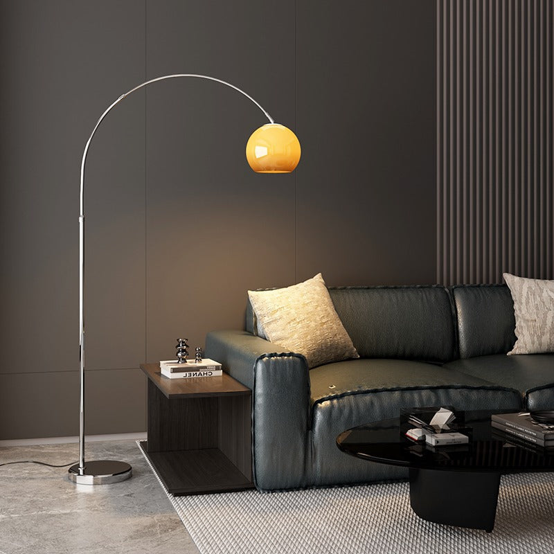 Mid-Century Modern Arc Floor Lamp with Warm Amber Glass Shade - Chrome Finish