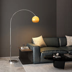 Mid-Century Modern Arc Floor Lamp with Warm Amber Glass Shade - Chrome Finish