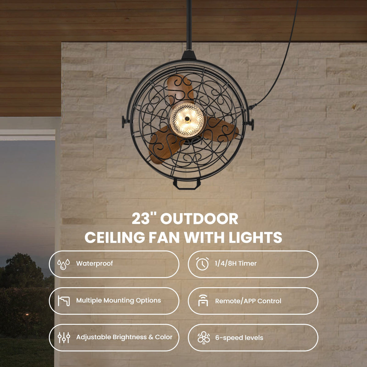 23in Outdoor Ceiling Fans with Lights, Gazebo Fan Wet Rated Remote&APP Control