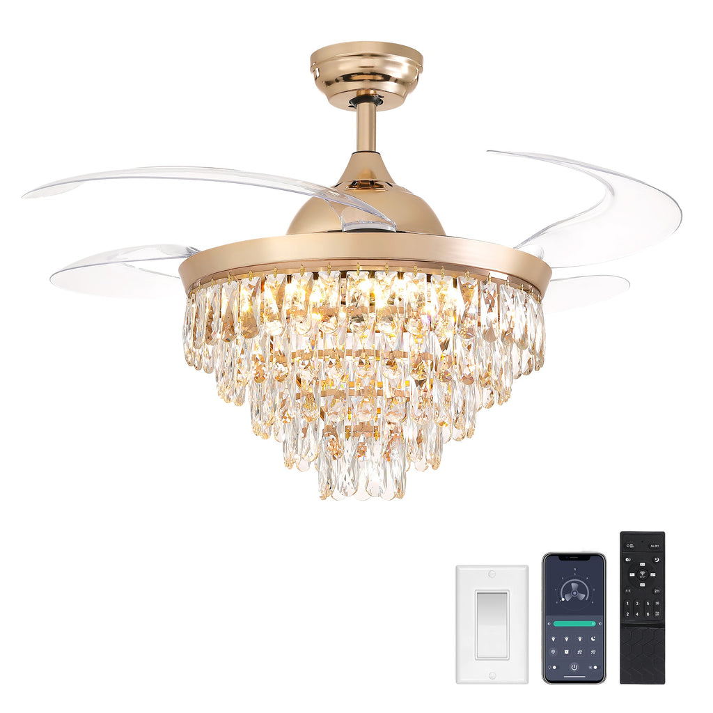 Luxury Gold Retractable Crystal Ceiling Fan with Light - Modern Chandelier Fan for Living & Dining Room