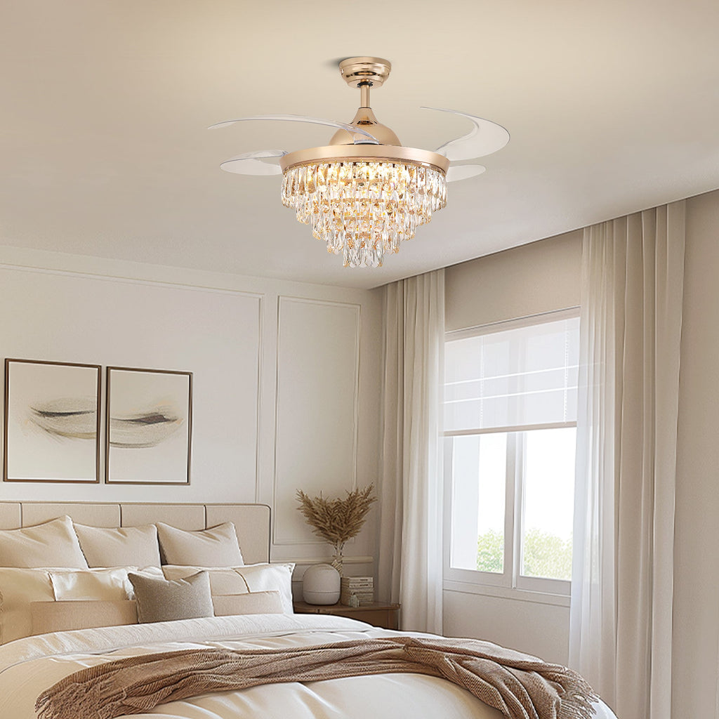 Luxury Gold Retractable Crystal Ceiling Fan with Light - Modern Chandelier Fan for Living & Dining Room